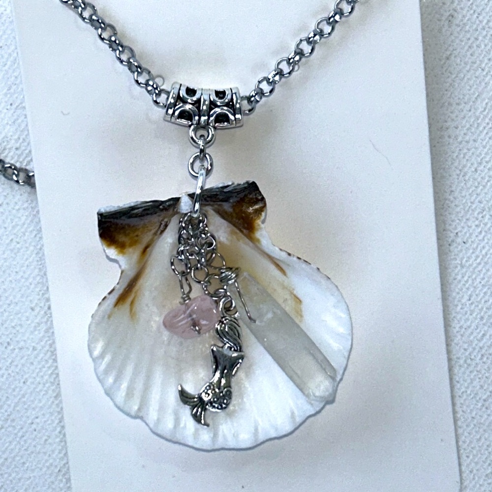 Handmade Seashell With Mermaid Quartz Crystal Rose Quartz Dangles Necklace Boho
